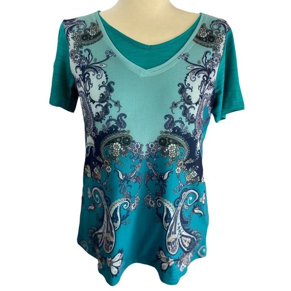 DG2 by Diane Gilman Tops - XS DG2 Diane Gilman Women's Teal V-Neck Mesh Paisley Overlay Short Sleeve Tshirt